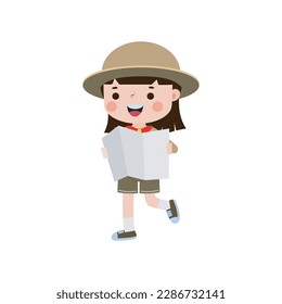 Cute little kid holding map, boy scout or girl scout honor uniform, kids summer camp, Happy children cartoon flat character isolated vector illustration on white background