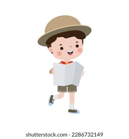 Cute little kid holding map, boy scout or girl scout honor uniform, kids summer camp, Happy children cartoon flat character isolated vector illustration on white background