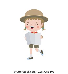 Cute kleine Kinder, die eine Karte halten, Jungen-Scout oder Mädchen-Pfadfinder-Ehrenuniform, Kinder-Sommerlager, Happy-Kinder-Cartoon-Zeichen einzeln auf weißem Hintergrund, Vektorgrafik