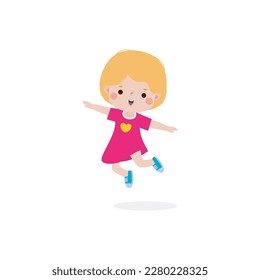 lindo niño pequeño saltando y bailando estilo plano, actividades infantiles felices, niños jugando Plantilla para publicidad diseño de caricaturas aislado en fondo blanco Vector Ilustración