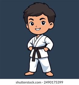 Cute little kid karate standing with smiling pose cartoon vector icon illustration