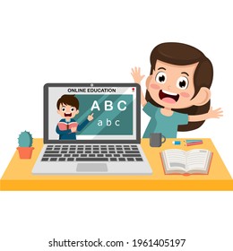 Cute little kid learning with computer laptop and book for Online education course of school. child happy smile using internet technology for e-learning. teacher teach online. vector illustration.