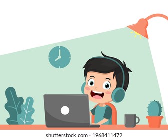 Cute little kid learning with computer laptop for Online education of school. child happy smile using internet technology for e-learning. vector illustration