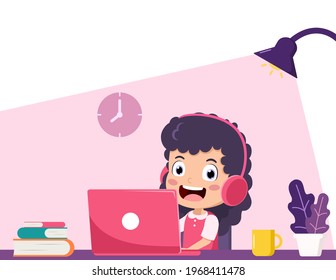 Cute Little Kid Learning With Computer Laptop For Online Education Of School. Child Happy Smile Using Internet Technology For E-learning. Vector Illustration