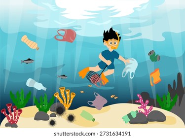 Criança fofa pegando lixo plástico no mar. Poluição plástica no oceano. Pare com a poluição plástica no oceano. O fundo do mar está poluído com equipamentos, garrafas e sacos de plástico. Ilustração vetorial