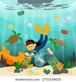 Criança fofa pegando lixo plástico no mar. Poluição plástica no oceano. Pare com a poluição plástica no oceano. O fundo do mar está poluído com equipamentos, garrafas e sacos de plástico. Ilustração vetorial