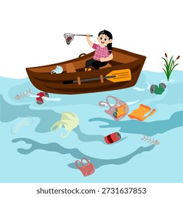 Criança fofa pegando lixo plástico no mar. Poluição plástica no oceano. Pare com a poluição plástica no oceano. O oceano está poluído com equipamentos, garrafas e sacos de plástico. Ilustração vetorial