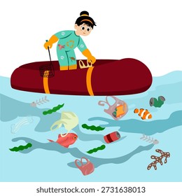 Criança fofa pegando lixo plástico no mar. Poluição plástica no oceano. Pare com a poluição plástica no oceano. O oceano está poluído com equipamentos, garrafas e sacos de plástico. Ilustração vetorial