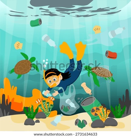 Cute little kid picking up plastic trash in the sea. Plastic pollution in the ocean. Stop plastic pollution in the ocean. The seabed is polluted with plastic equipment, bottles, and bags. Vector illustration