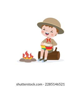 Cute little kid playing bongo drums, boy scout or girl scout sitting on a log by the campfire, Happy kids summer camp cartoon flat character isolated vector illustration on white background