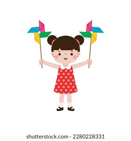 cute little kid playing with a colorful windmill toy flat style isolated on white background Vector illustration