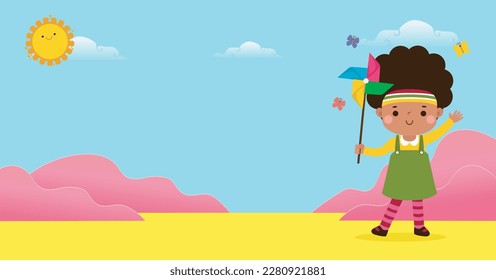 cute little kid playing with a colorful windmill toy flat style child playing, Template for advertising cartoon character design isolated on background Vector Illustration