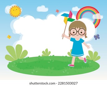 cute little kid playing with a colorful windmill toy flat style child playing, Template for advertising cartoon character design isolated on background Vector Illustration