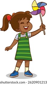 cute little kid playing with a colorful windmill toy flat style isolated on white background Vector illustration
