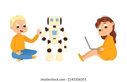 Cute Little Kid Programming and Creating Smart Robot Vector Set