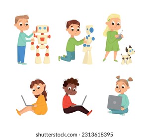 Cute Little Kid Programming and Creating Smart Robot with Laptop Vector Set