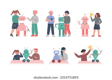 Cute Little Kid Programming and Creating Smart Robot Vector Set