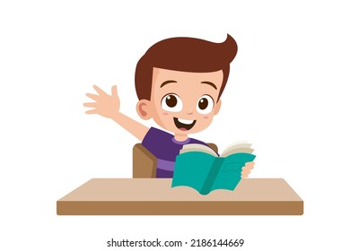 Cute little kid rasing his hand while holding book vector illustration