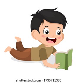 Cute little kid reading book on floor for learning. clever boy. childhood happy smile when read textbook. stay at home. character cartoon child vector illustration for education and study concept.