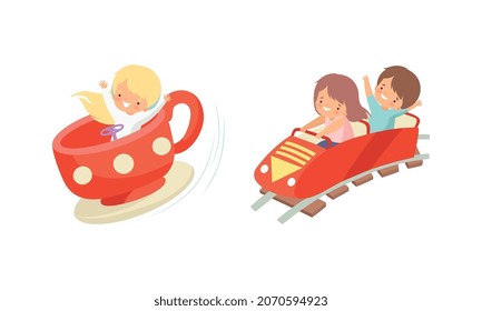 Cute Little Kid Riding Carousel in Amusement Park Vector Set