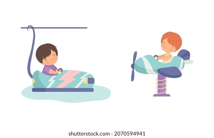 Cute Little Kid Riding Carousel in Amusement Park Vector Set