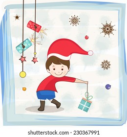 Cute little kid in Santa cap holding a gift for Merry Christmas and other occasion, can be used as greeting card design.