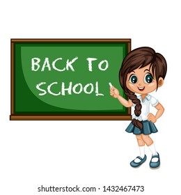 Cute Little Kid in School Clothes Standing Next to Blackboard. Cartoon Vector Illustration of a Student with a Chalk Isolated on White Background. Back to School Concept