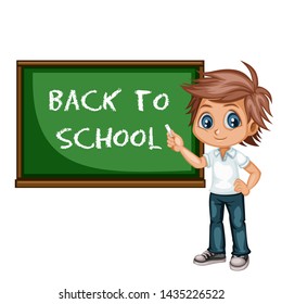 Cute Little Kid in School Clothes Standing Next to Blackboard. Cartoon Vector Illustration of a Student with a Chalk Isolated on White Background. Back to School Concept