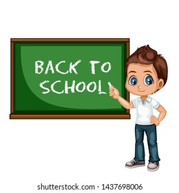 Cute Little Kid in School Clothes Standing Next to Blackboard. Cartoon Vector Illustration of a Student with a Chalk Isolated on White Background. Back to School Concept