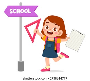 cute little kid with school direction board