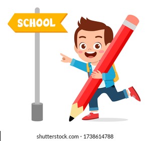 cute little kid with school direction board