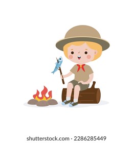 Cute little kid sitting on a log and Roasting Fish on campfire, boy scout or girl scout honor uniform, kids summer camp, Happy children cartoon flat character isolated vector illustration 