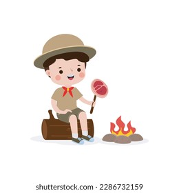 Cute little kid sitting on a log and Roasting beef on campfire, boy scout or girl scout honor uniform, kids summer camp, Happy children cartoon flat character isolated vector illustration 