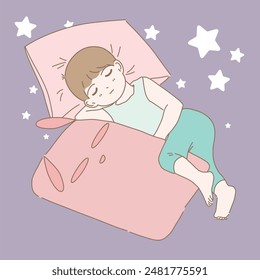 Cute little kid sleeping with rabbit doll blanket. Toddler lying with eyes closed, hugging imaginary friend. Stars behind. Hand drawn flat cartoon character vector illustration.