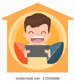 Cute little kid smile and happy holding smartphone or tablet, Enjoying watching and laugh at home, stay home stay safe coronavirus outbreak campaign. vector illustration.