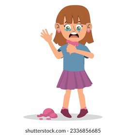 cute little kid stand while crying because the ice cream falling on the ground .