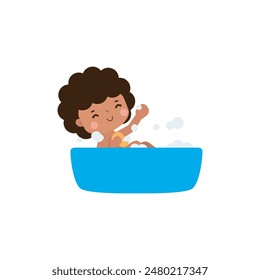 cute little kid take a bath in the bathtub, cartoon character vector illustration flat style on white background