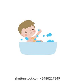 cute little kid take a bath in the bathtub, cartoon character vector illustration flat style on white background