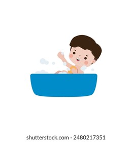 cute little kid take a bath in the bathtub, cartoon character vector illustration flat style on white background