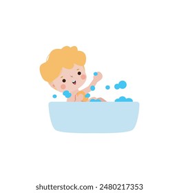 cute little kid take a bath in the bathtub, cartoon character vector illustration flat style on white background