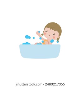 cute little kid take a bath in the bathtub, cartoon character vector illustration flat style on white background