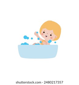 cute little kid take a bath in the bathtub, cartoon character vector illustration flat style on white background