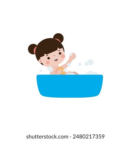 cute little kid take a bath in the bathtub, cartoon character vector illustration flat style on white background