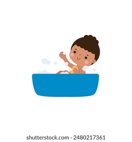 cute little kid take a bath in the bathtub, cartoon character vector illustration flat style on white background