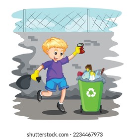 Cute little kid throw trash to trash bin. cute little boy throwing Garbage in the Trash Bin. Little boyl using ecology bag for throwing trash in the can. Small boy throwing garbage in dust bin