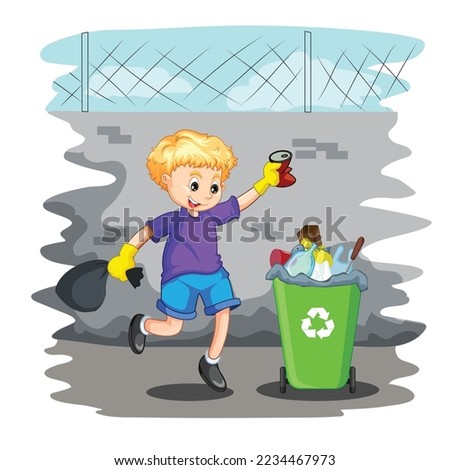 Cute little kid throw trash to trash bin. cute little boy throwing Garbage in the Trash Bin. Little boyl using ecology bag for throwing trash in the can. Small boy throwing garbage in dust bin