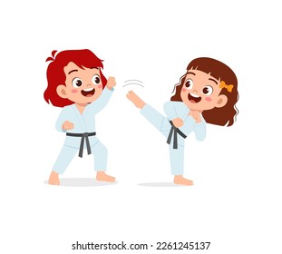 cute little kid training karate with friend together