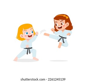 cute little kid training karate with friend together