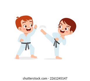 cute little kid training karate with friend together