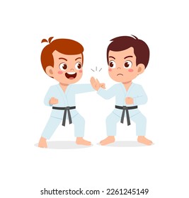 cute little kid training karate with friend together